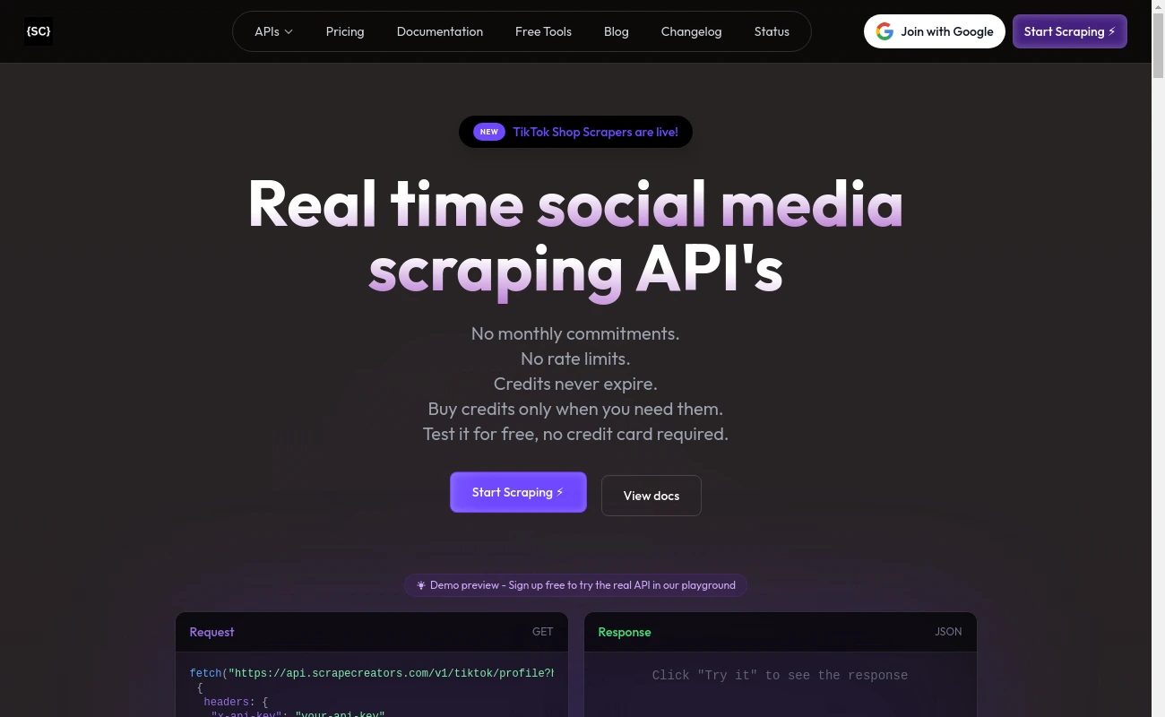 Scrape Creators API dashboard