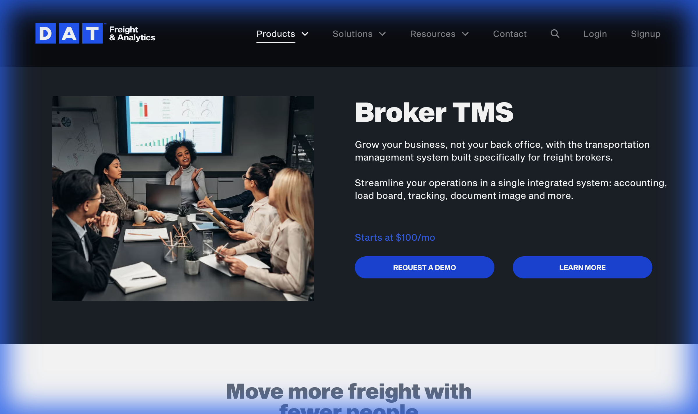 DAT Broker TMS page showing transportation management system features
